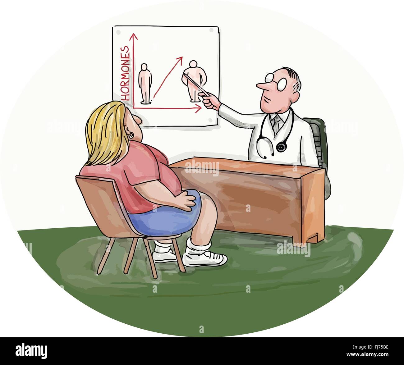 Illustration of an obese woman patient talking to her doctor who is pointing to a chart on the wall done in caricature style. Stock Vector