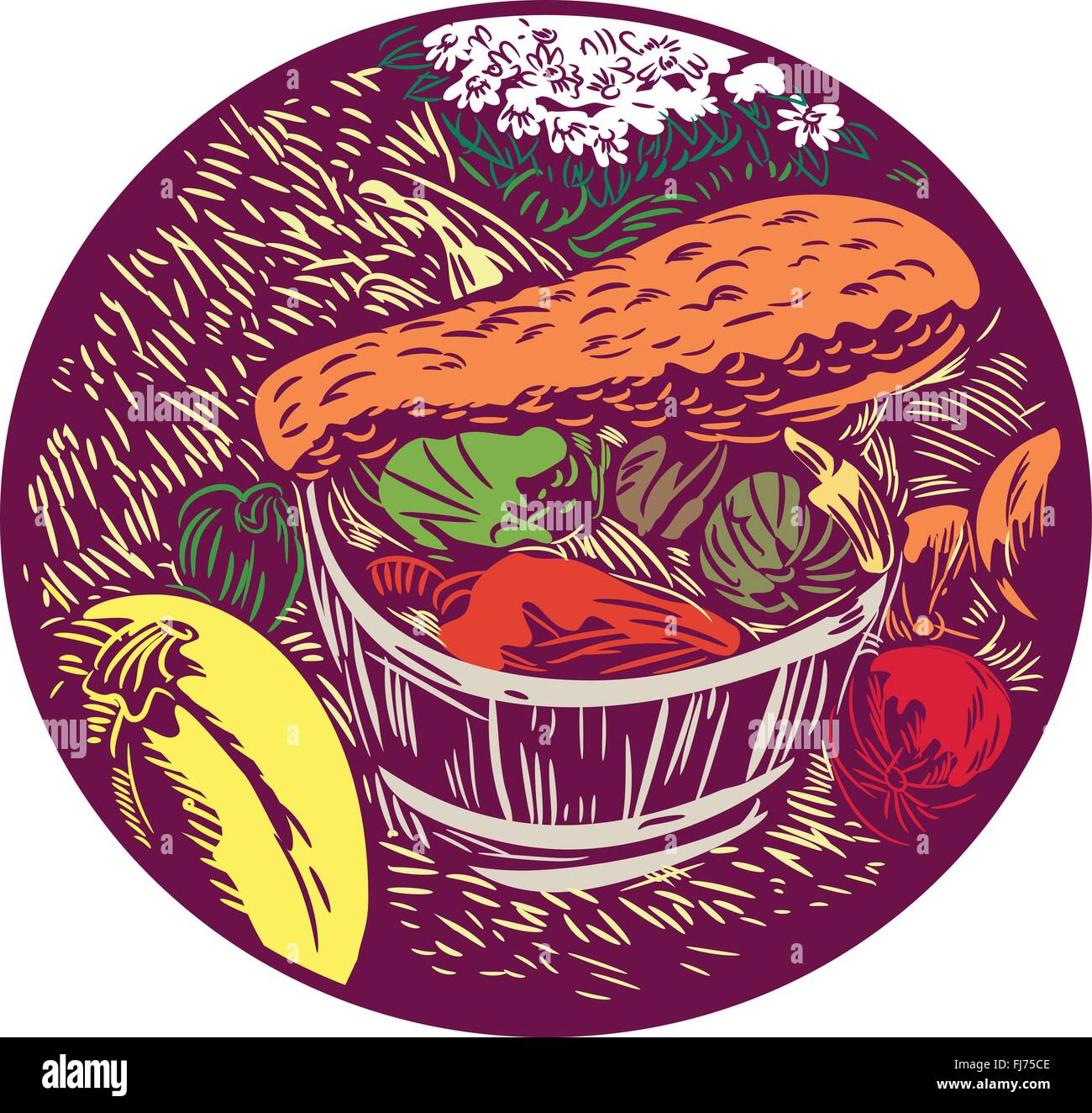Illustration of pumpkin winter squash crop harvest displayed in baskets with flowers and hay set inside oval shape done in retro woodcut style. Stock Vector