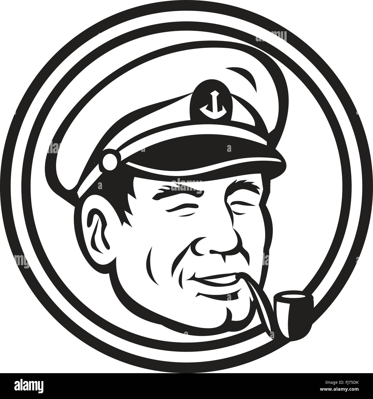 Black and white illustration of a sea captain, shipmaster, skipper ...