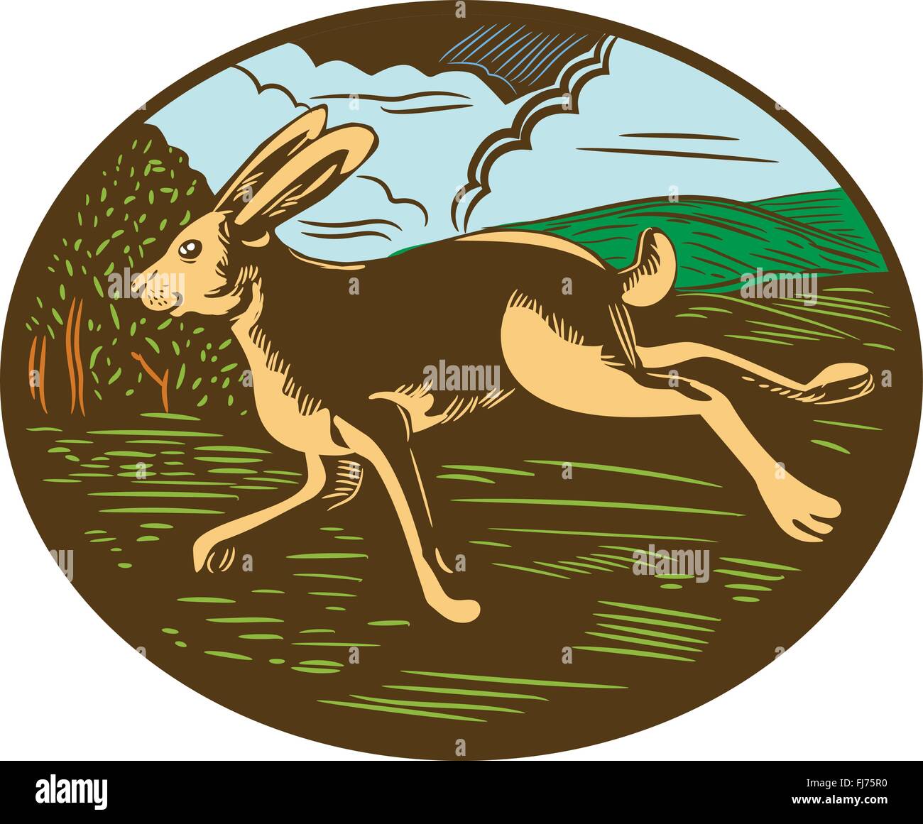 Illustration of a wild hare bunny rabbit running viewed from side with