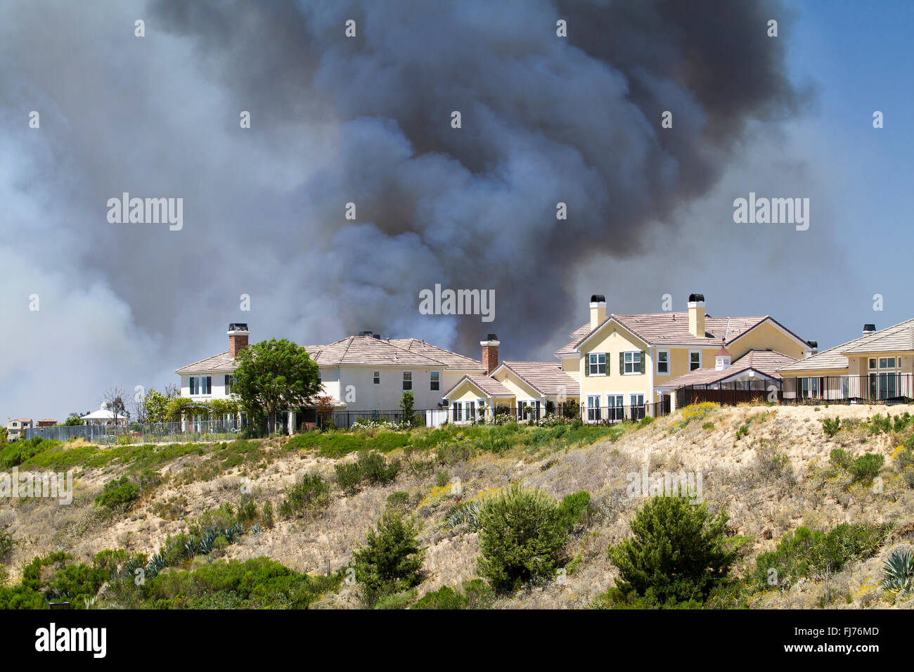 Brush fire in a residential area in San Diego California Stock Photo