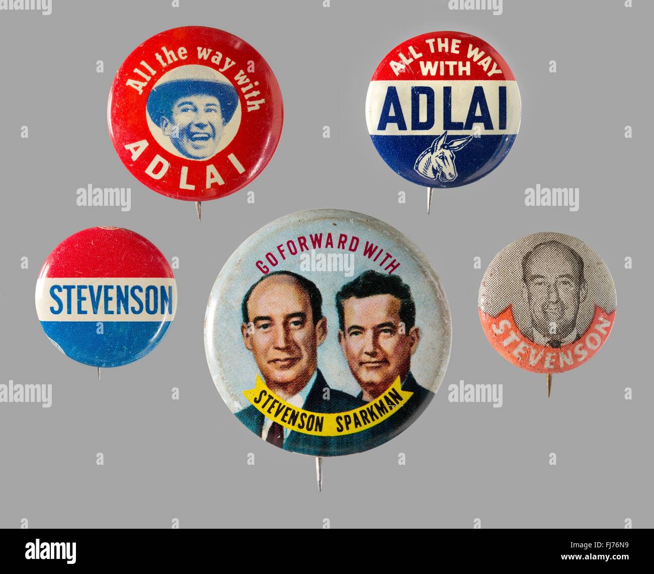 1952 and 1956 US presidential campaign buttons for Adlai Stevenson -John Sparkman was Stevenson's 1952 vice presidential running mate. Stock Photo