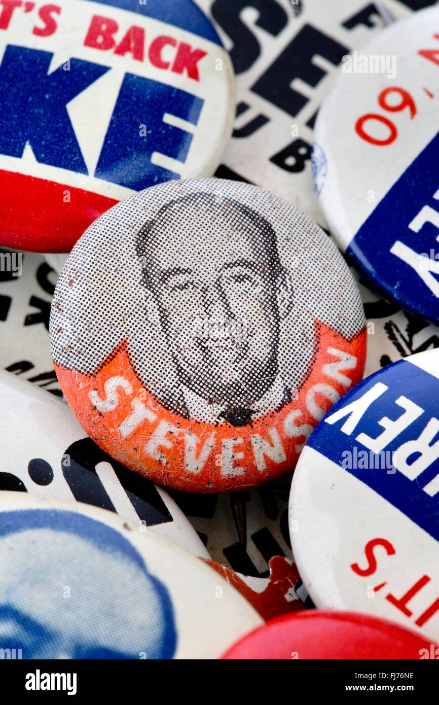1952 US presidential campaign button for Adlai Stevenson with an assortment of other 1950s and 1960s political button pins Stock Photo