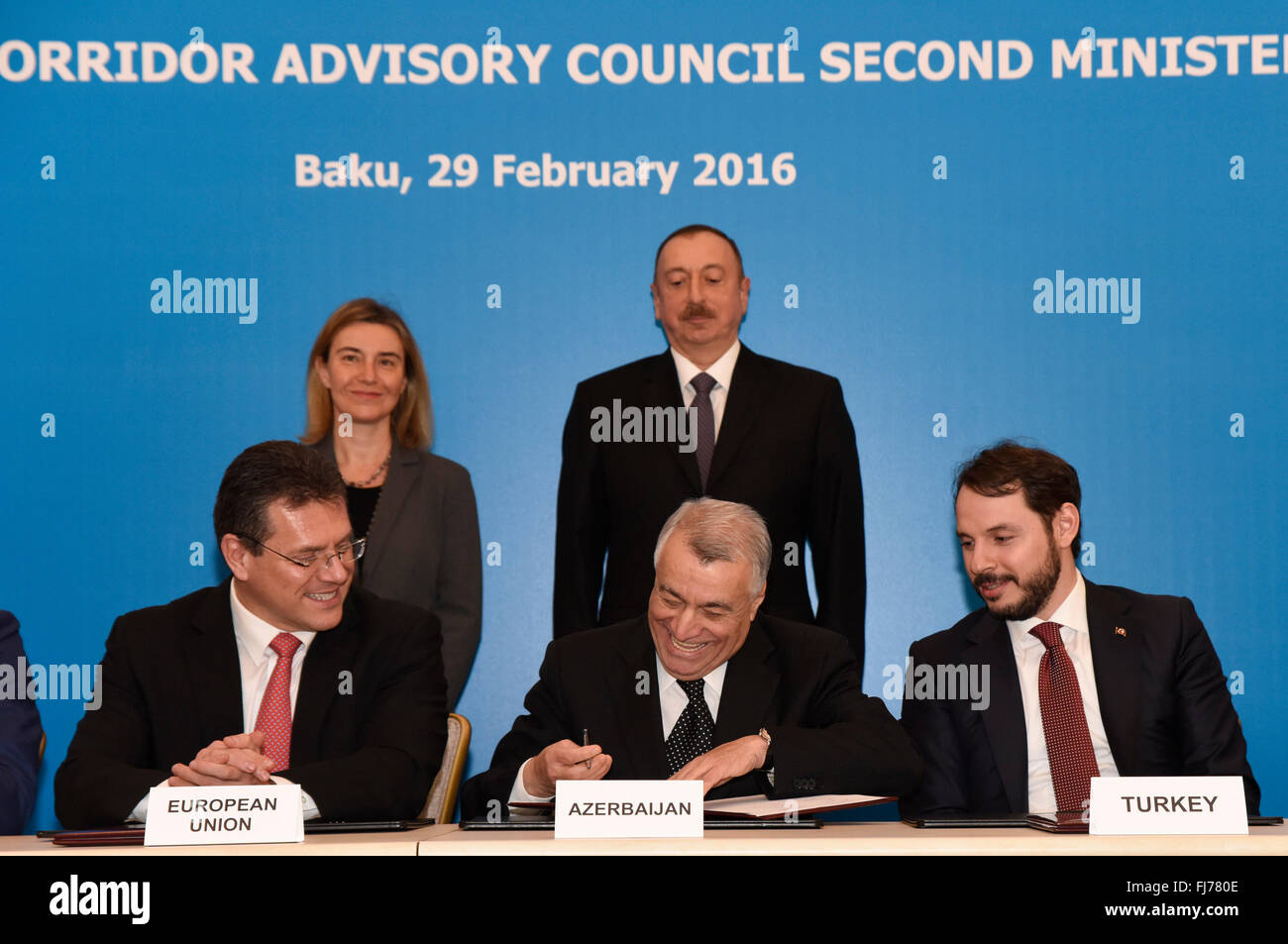 (160229) -- BAKU, Feb. 29, 2016 (Xinhua) -- Maros Sefkovic (Front-L), Vice President of the European Commission, Natig Aliyev (Front-C), Azerbaijan Minister of Energy and Berat Albayrak (Front-R), Turkish Minister of Energy and Natural Resources, attend the second Southern Gas Corridor Advisory Council meeting in Baku, Azerbaijan, on Feb 29, 2016. The Southern Gas Corridor (SGC) countries on Monday pledged to further their cooperation to secure reliable, consistent gas supplies from Azerbaijan to the European markets. The joint statement was made after the seconding meeting of the SGC Advisory Stock Photo
