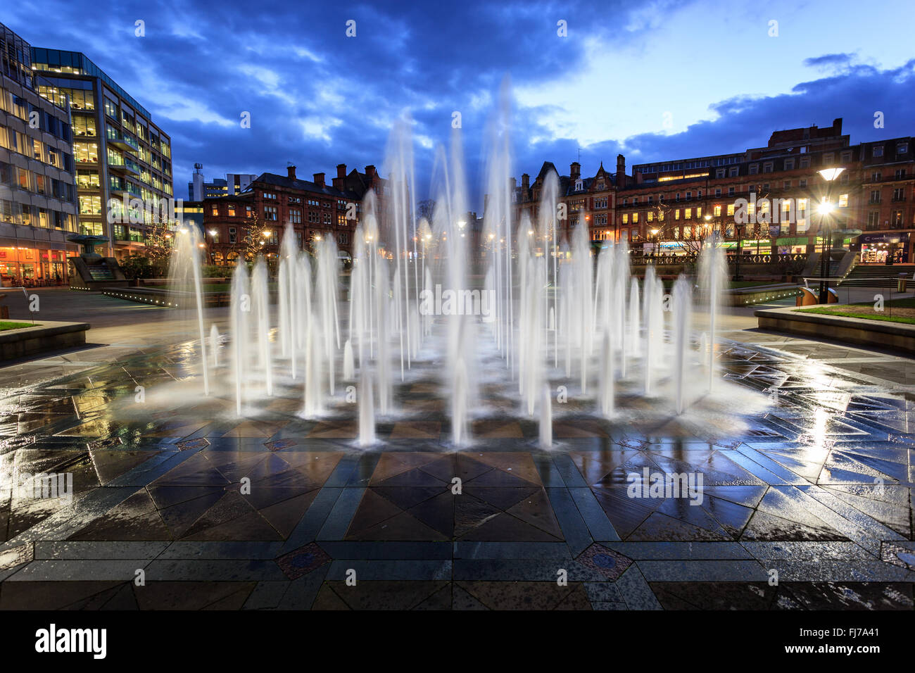Fountain at millennium square in the city center of Sheffield, UK. Stock Photo