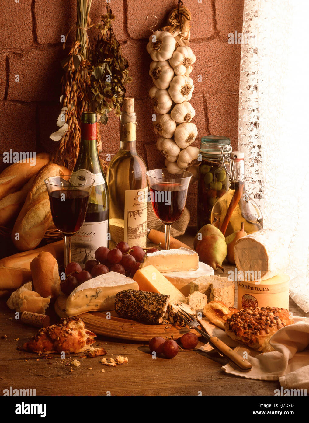 Wine, cheese and bread still life in studio setting, London, England, United kingdom Stock Photo
