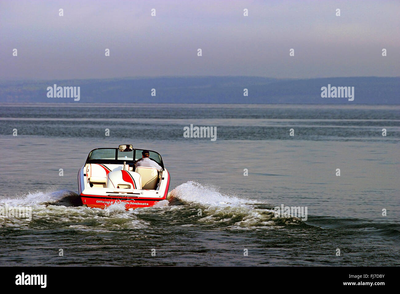 Speed boat on Sylvan Lake Alberta Canasa Stock Photo