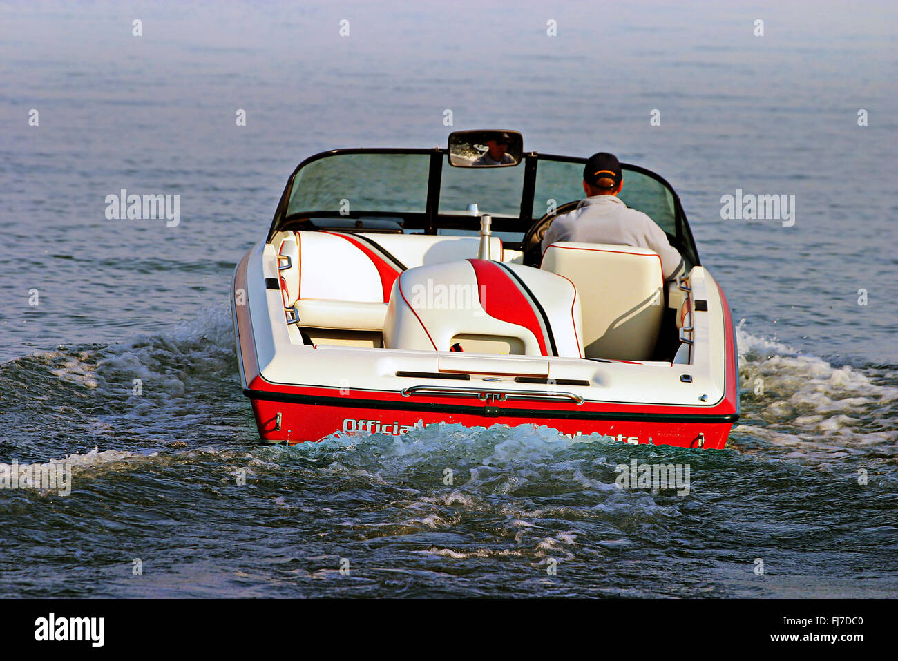 Speed boat on Sylvan Lake Alberta Canada Stock Photo