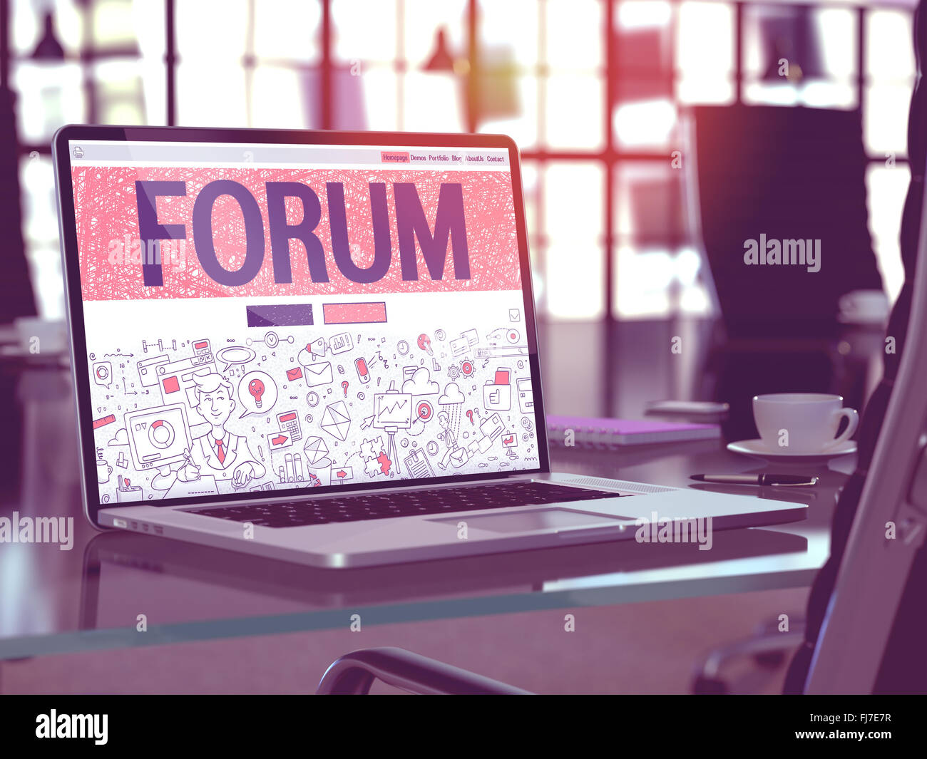 Forum on Laptop in Modern Workplace Background Stock Photo - Alamy