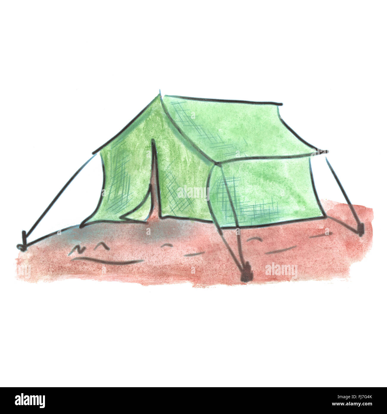 Green tent cartoon watercolor isolated handmade Stock Photo