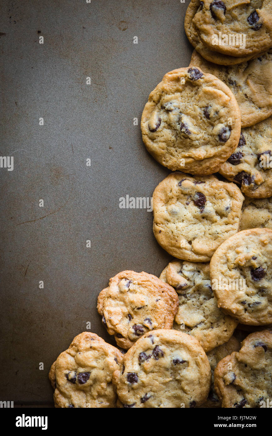 batch of homemade chocolate cookies on baking sheet with copy space Stock Photo