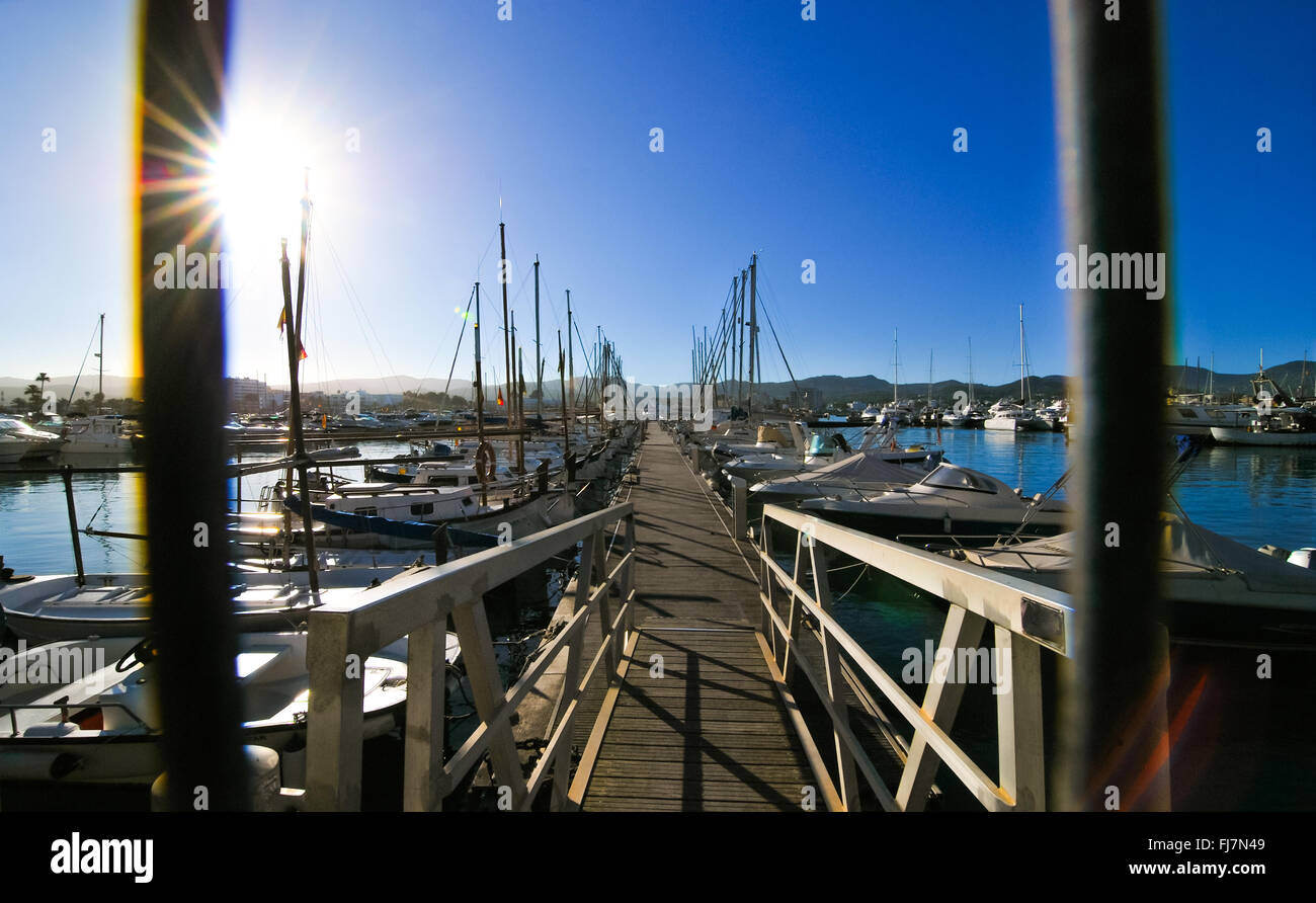 Security gates at entrance of dock with gangplank. Boats in