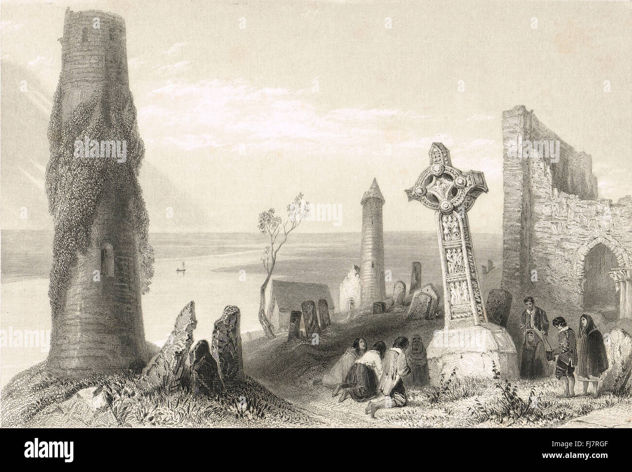 Ancient Cross Clonmacnoise, Ireland 1841 Engraving Stock Photo