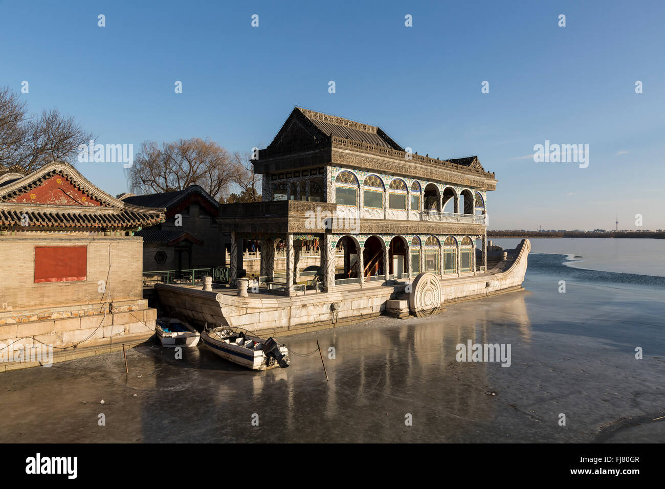 Marble Boat during winter in Kunming Lake of Summer Palace - Beijing, China. Stock Photo