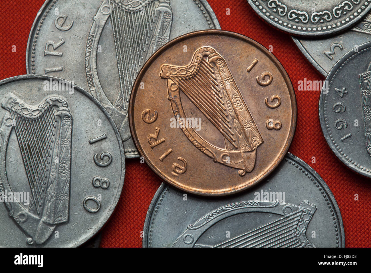 Coins of Ireland. Celtic harp depicted in the Irish pound coins. Stock Photo