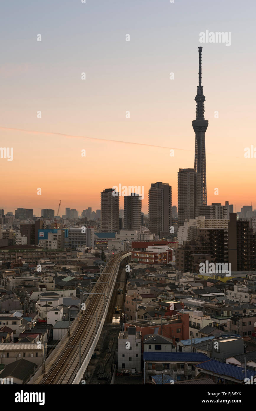 Tokyo; Japan -January 9; 2016: Tokyo Skyline at dusk, view of Asakusa district , Skytree visible in the distance. Stock Photo