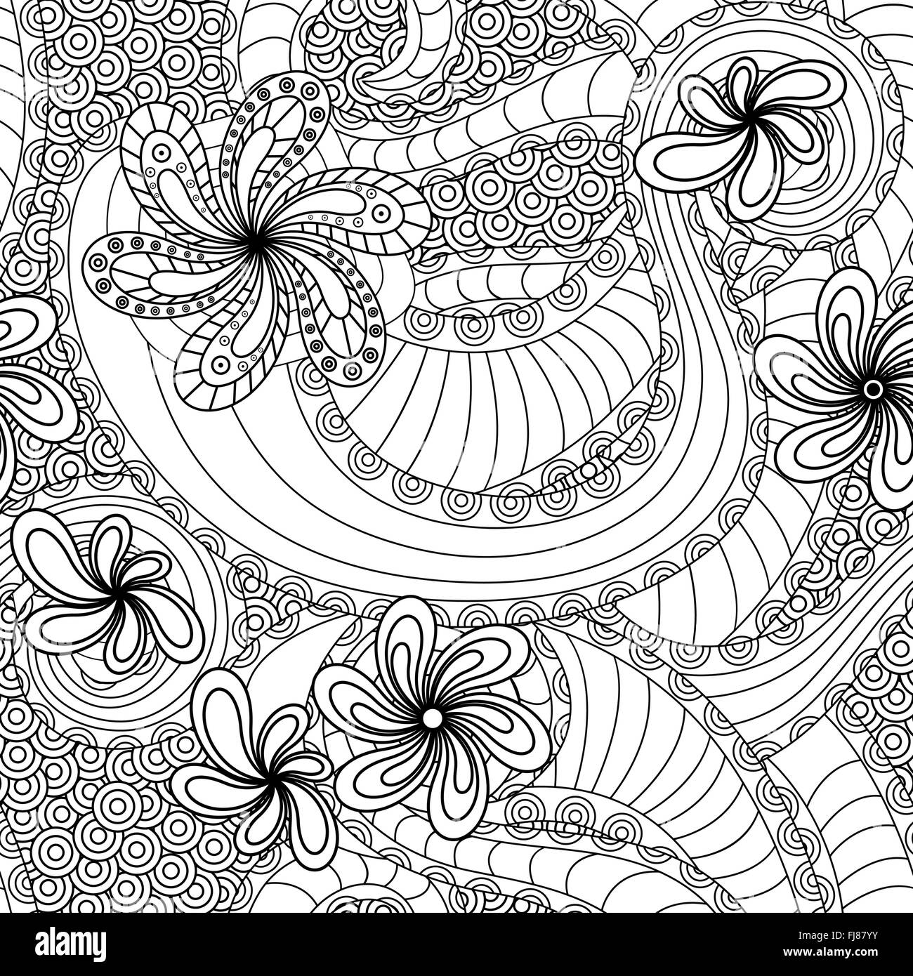 Black and white seamless pattern with doodle floral elements, hand ...