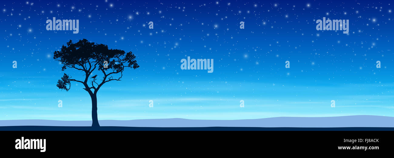 Lone Tree in Silhouette with Night Sky and Stars - Vector EPS 10 Stock ...