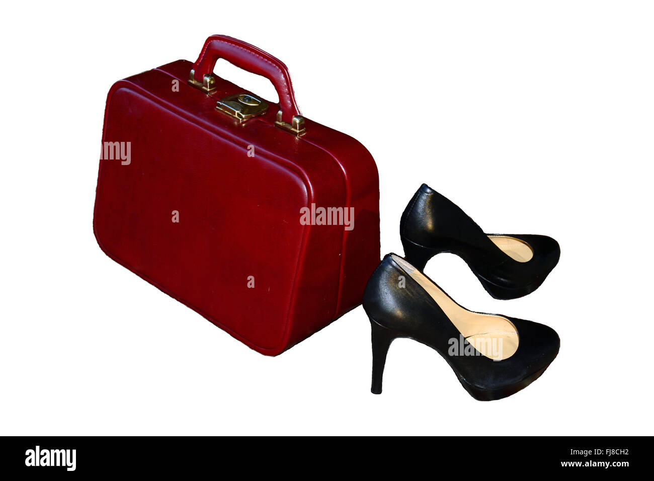 Suitcase,hand baggage and a pair of black shoes,high heels illustration