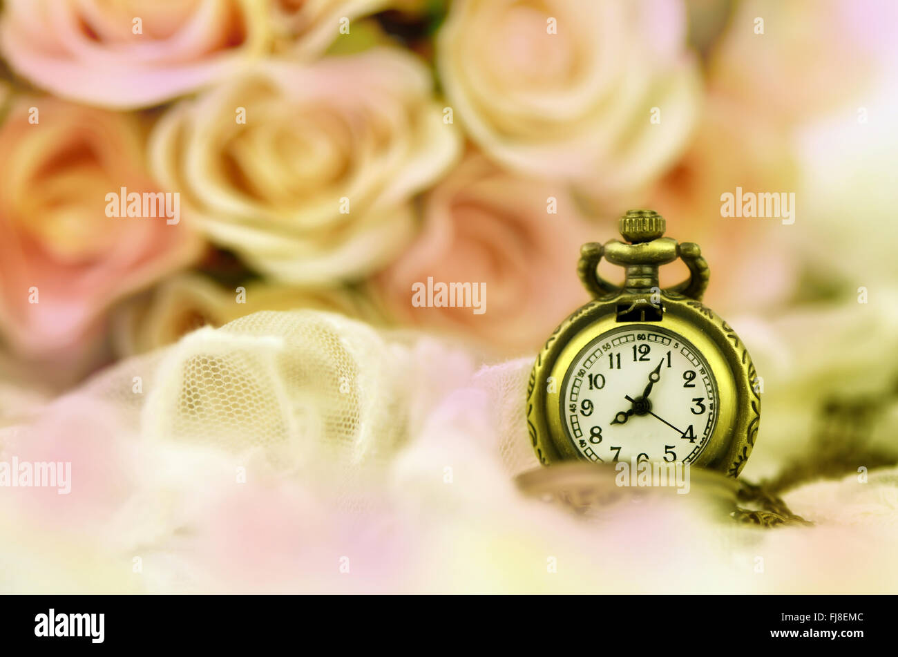 Vintage pocket watch with rose bouquet on pastel tone background. Stock Photo