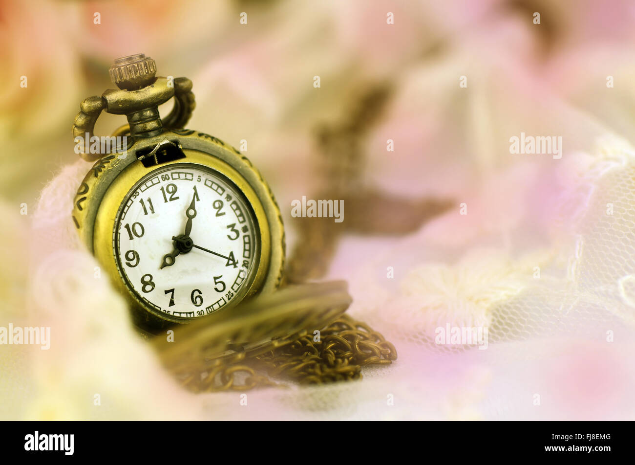 Vintage pocket watch with rose bouquet on pastel tone background. Stock Photo