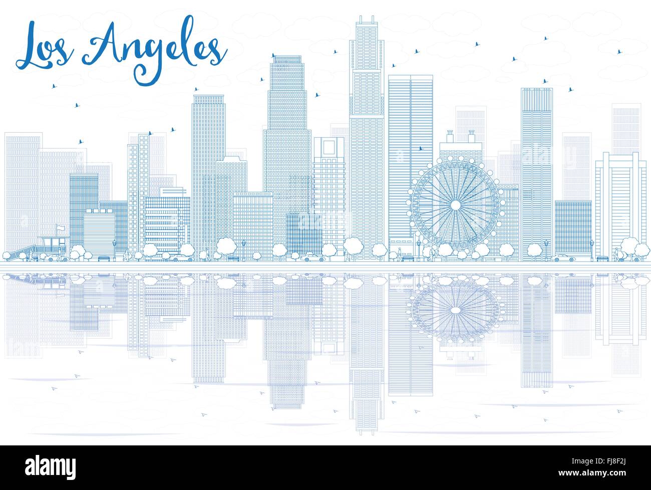 Outline Los Angeles skyline with blue buildings and reflections. Vector