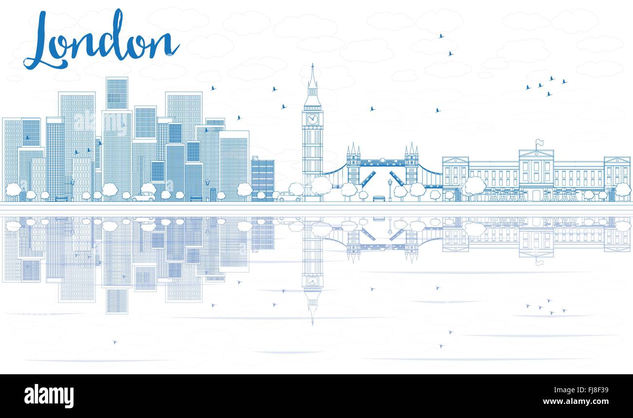 Outline London skyline with blue skyscrapers and reflections. Vector illustration. Business travel and tourism concept Stock Vector
