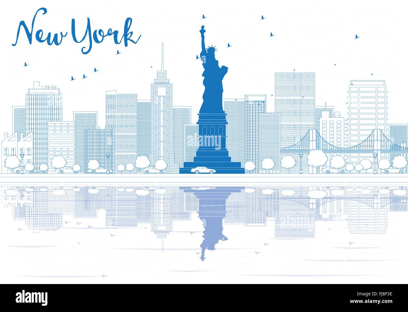 Outline New York city skyline with blue buildings. Vector illustration. Business travel and tourism concept with place for text. Stock Vector