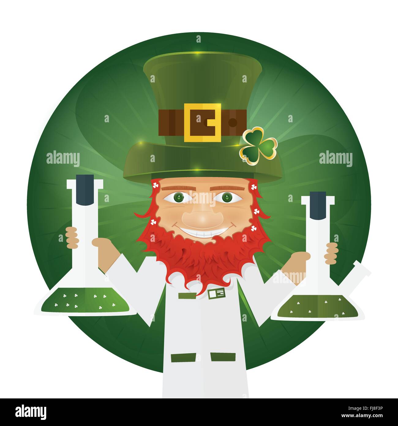 Portrait of Leprechaun Scientist holding flask in hands. Irish man with clover leaf and hat. St. Patrick's Day design Stock Vector