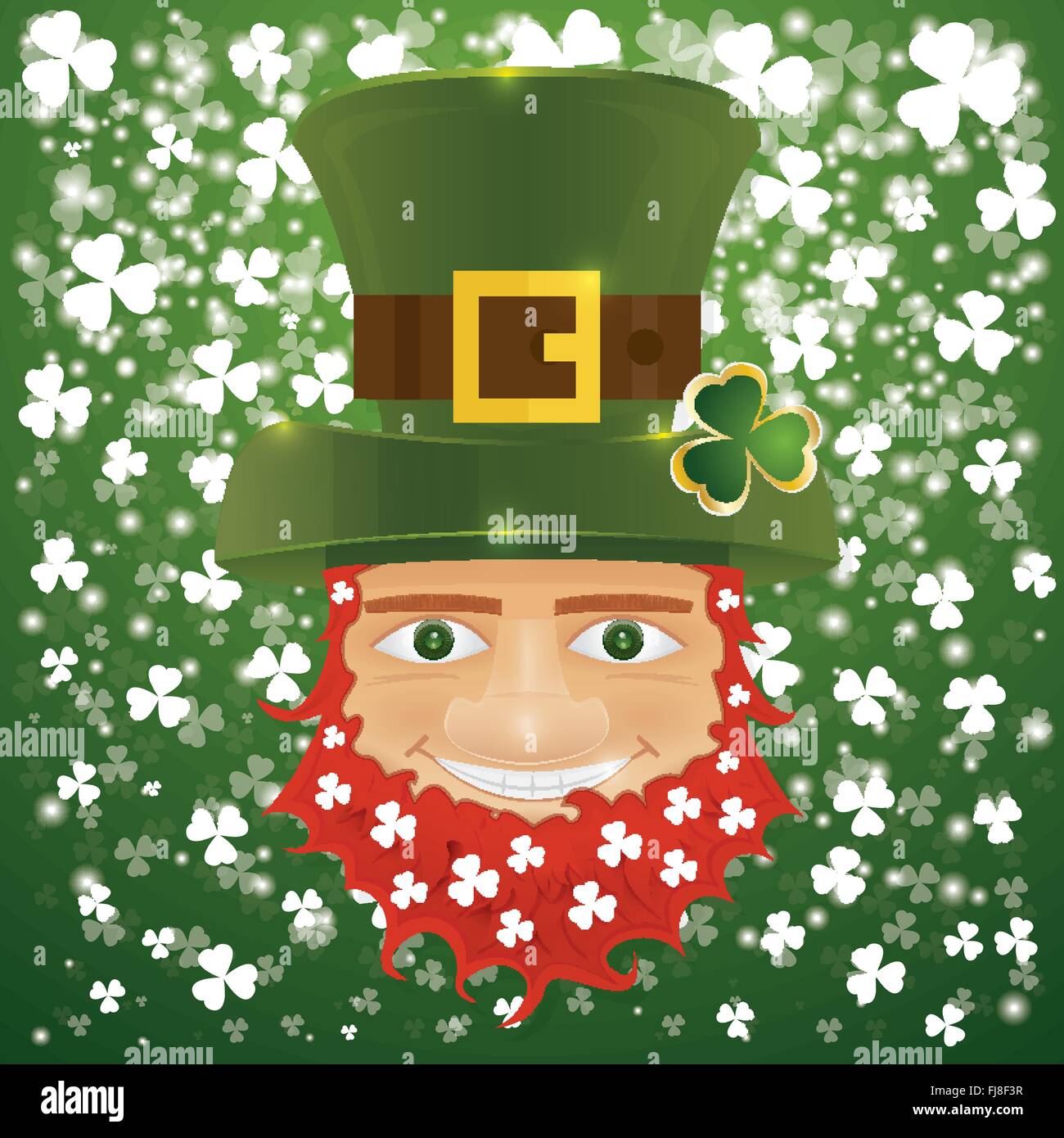 Portrait of Leprechaun. Irish man with clover leaves and hat. St. Patrick's Day design with copy space. Vector illustration. Stock Vector