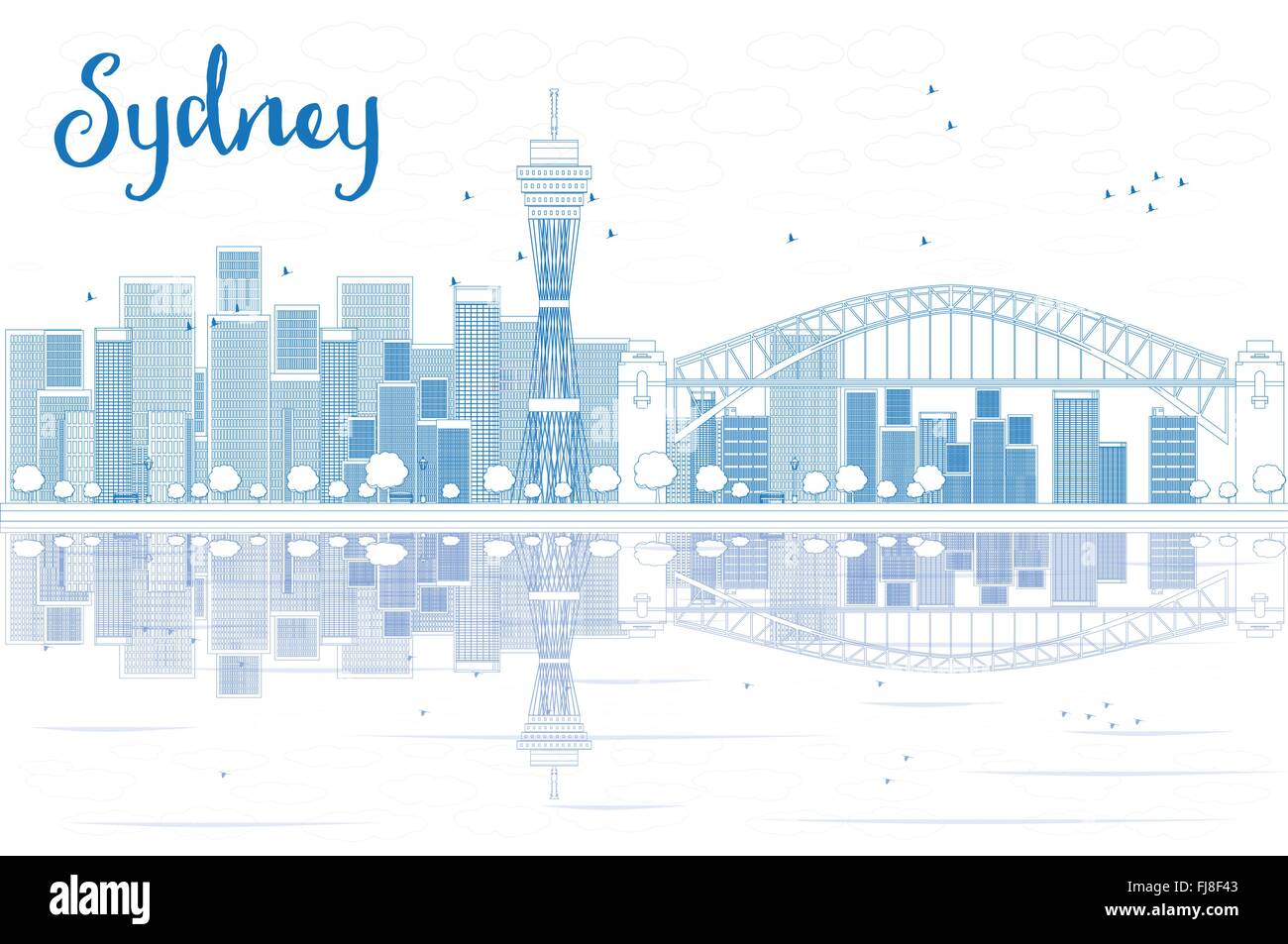 Outline Sydney City skyline with skyscrapers and reflections. Vector ...