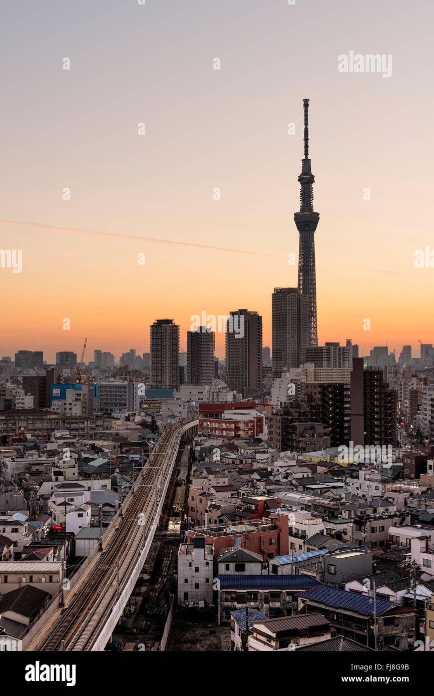 Tokyo; Japan -January 9; 2016: Tokyo Skyline at dusk, view of Asakusa district Skytree visible in the distance. Stock Photo