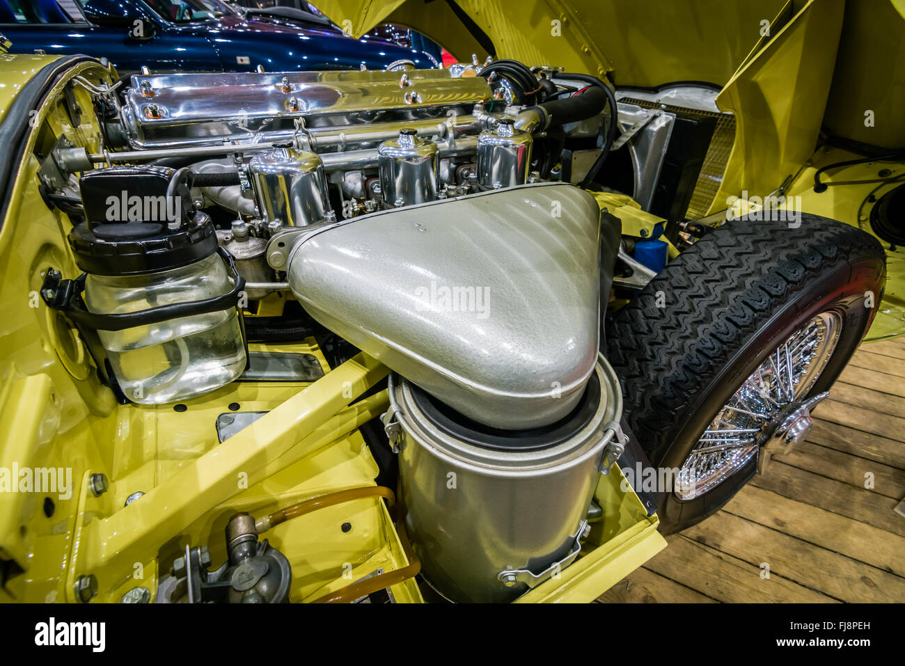 Engine compartment Jaguar E-Type Series I coupe, 1963. Stock Photo