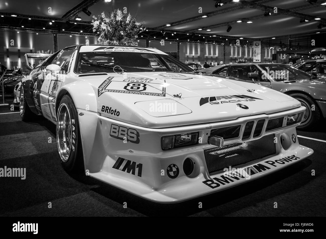 Sports car BMW M1 Procar (racing version of the BMW M1), 1980. Black and white. Stock Photo