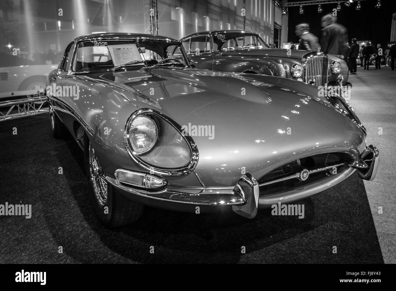 Sports car Jaguar E-Type Series I. Black and white. Stock Photo