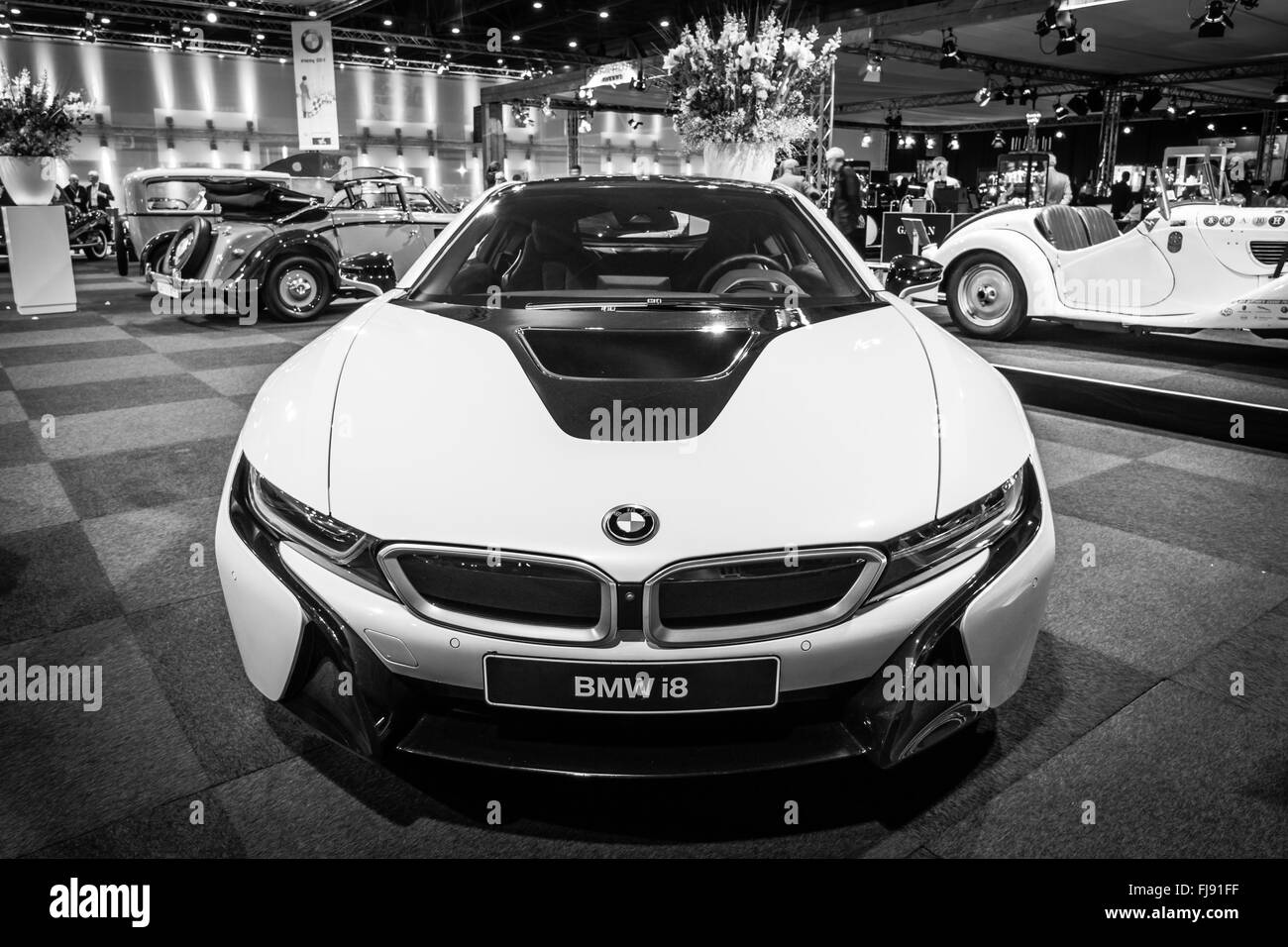 Plug-in hybrid sports car BMW i8. Black and white. Stock Photo