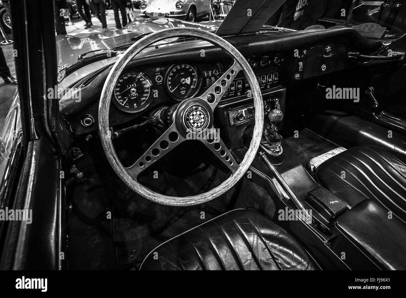 Cab of a sports car Jaguar E-Type. Black and white. Stock Photo