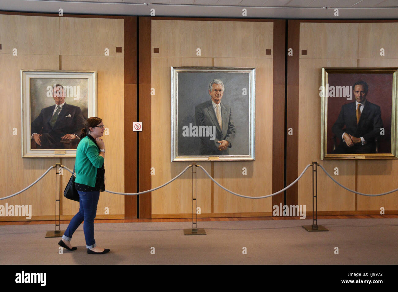 Paintings of former Australian Prime Ministers at Australian Parliament House at Capital Hill in Canberra. Stock Photo