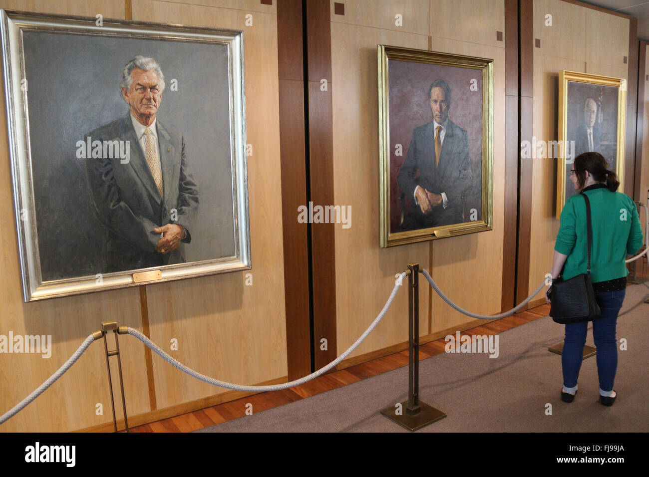 Paintings of former Australian Prime Ministers at Australian Parliament House at Capital Hill in Canberra. Stock Photo