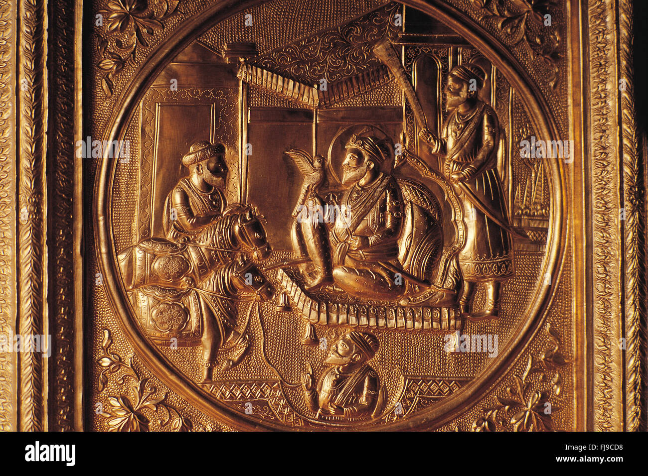 Gold plate embossed in Golden Temple, Amritsar, Punjab, India, Asia Stock Photo
