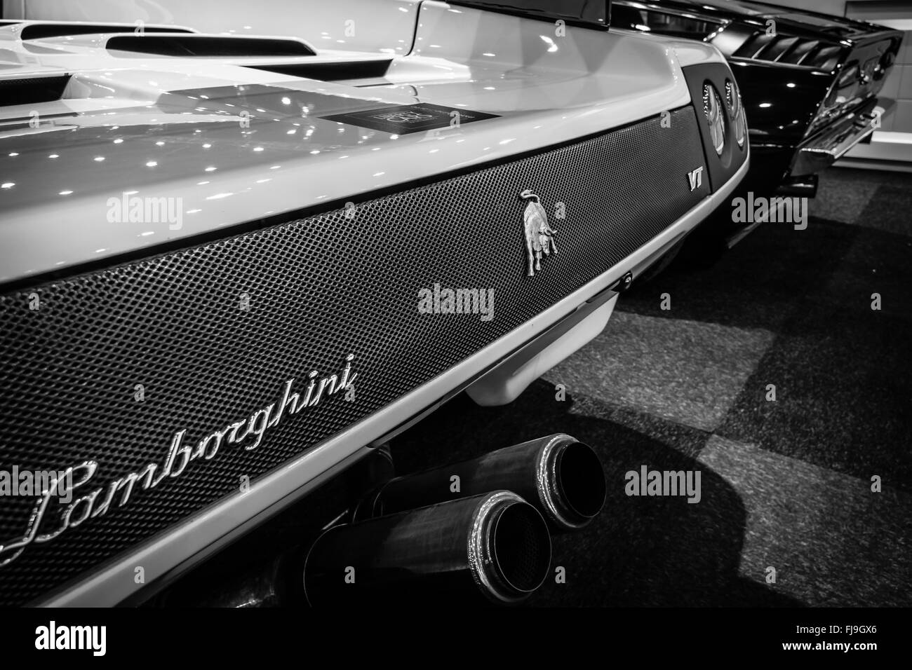Fragment of a high-performance mid-engined sports car Lamborghini Diablo VT 6.0, 2000. Black and white Stock Photo