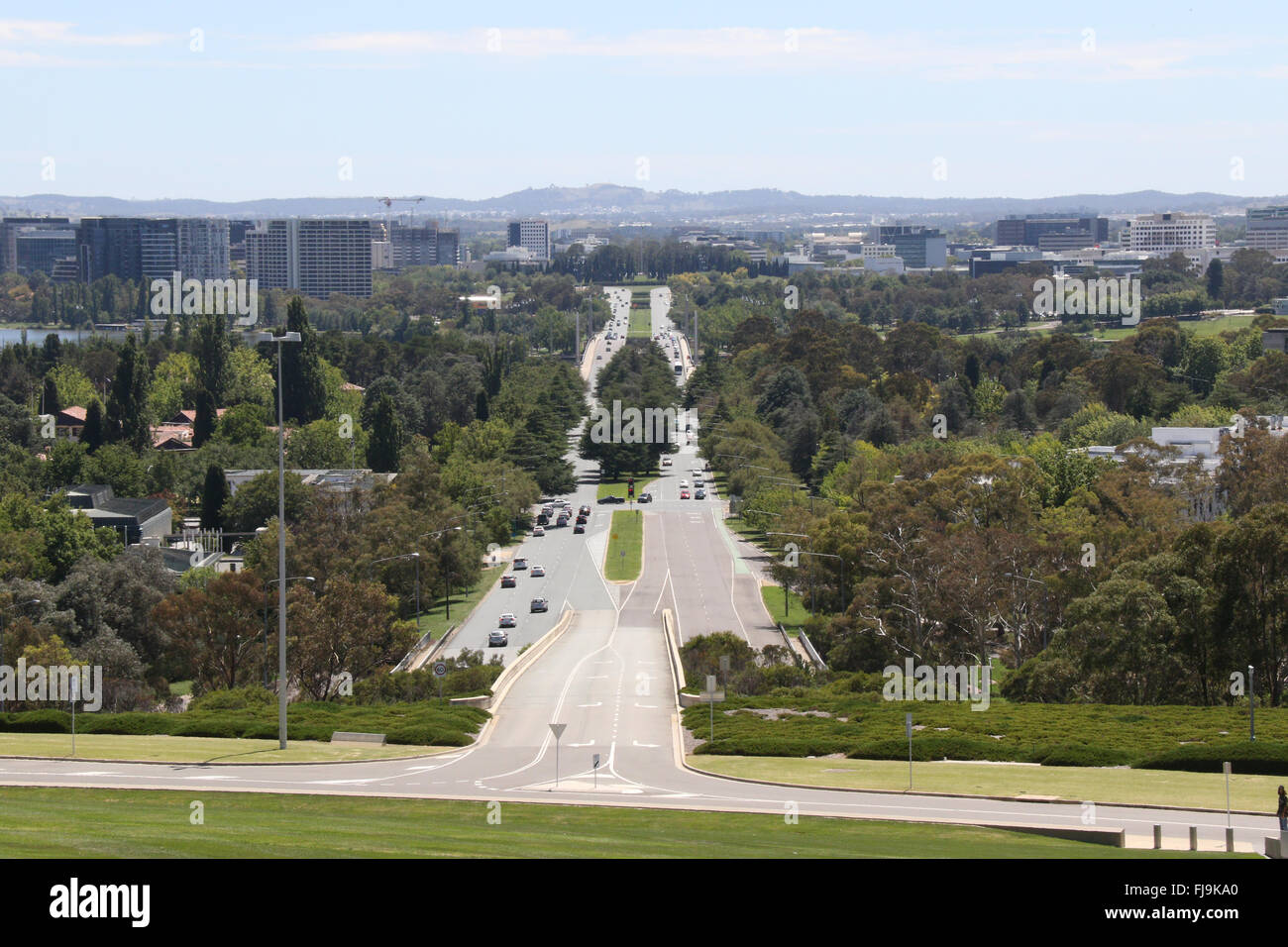 The view towards Commonwealth Avenue from the roof of the Australian Parliament House at Capital Hill in Canberra. Stock Photo