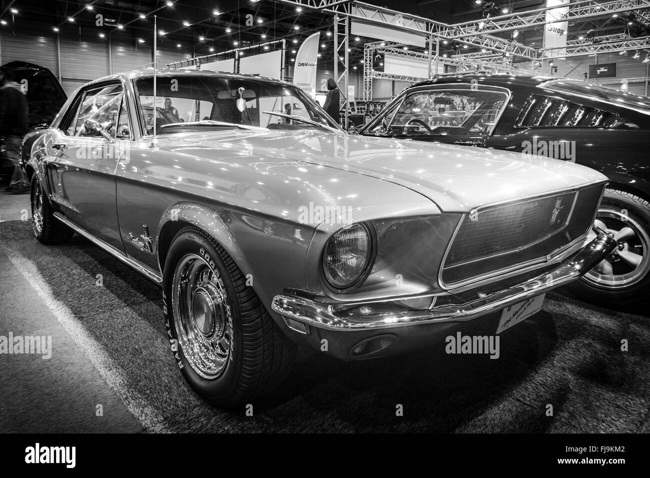 Pony car Ford Mustang (first generation), 1967. Black and white. Stock Photo