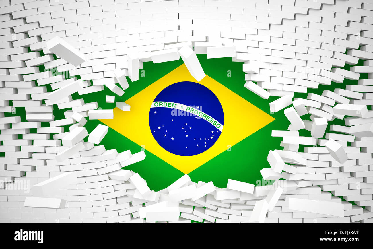 brick wall and brazilian flag Stock Photo