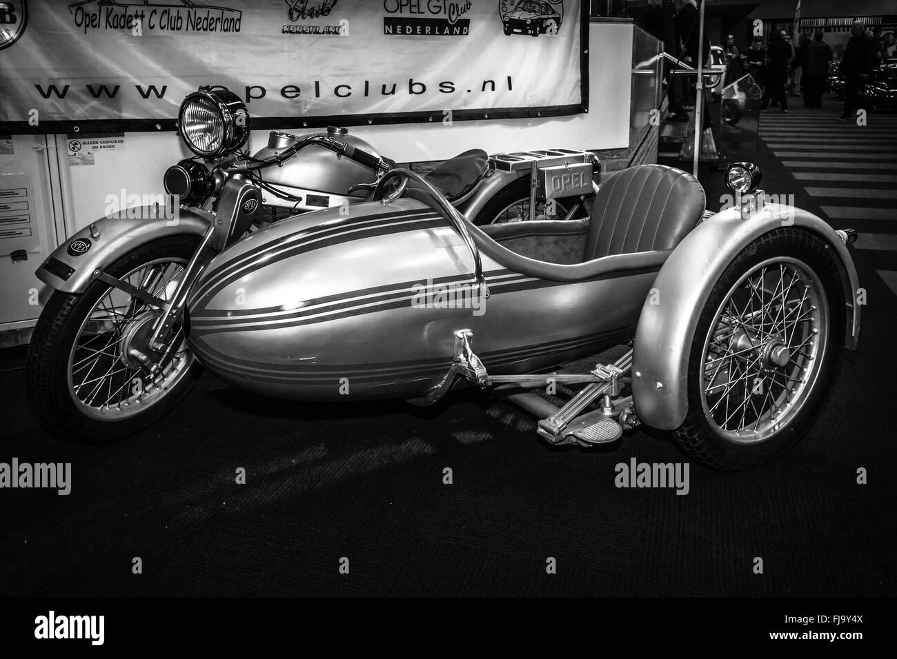 Motorcycle with sidecar Opel Elite 500, 1928. Black and white. Stock Photo