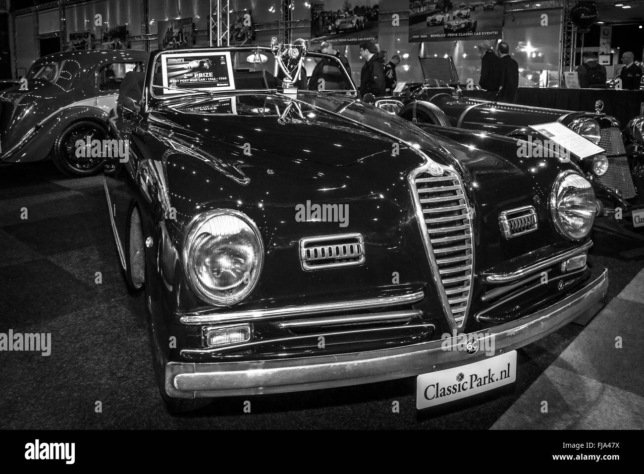 Sports car Alfa Romeo 6C 2500 SS Pinin Farina Cabriolet, 1947. Black and white. Stock Photo