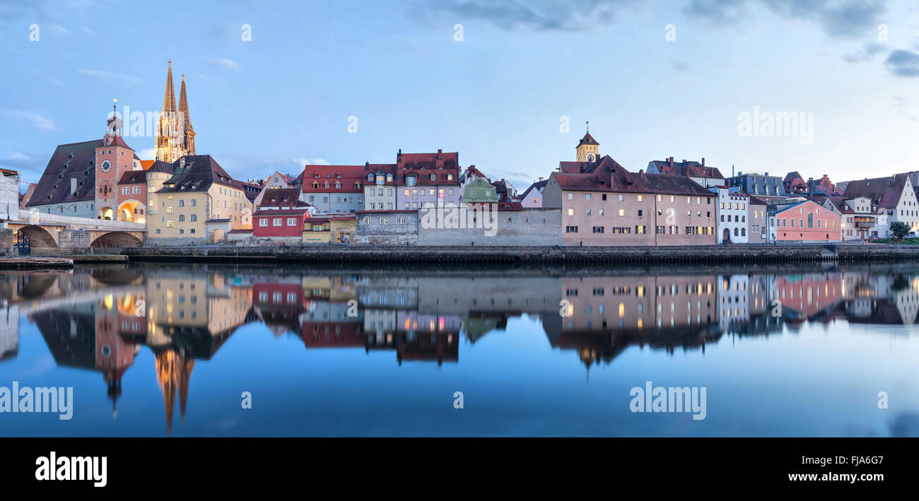 Evening panorama of Regensburg from side of Danube river, Bavaria, Germany Stock Photo