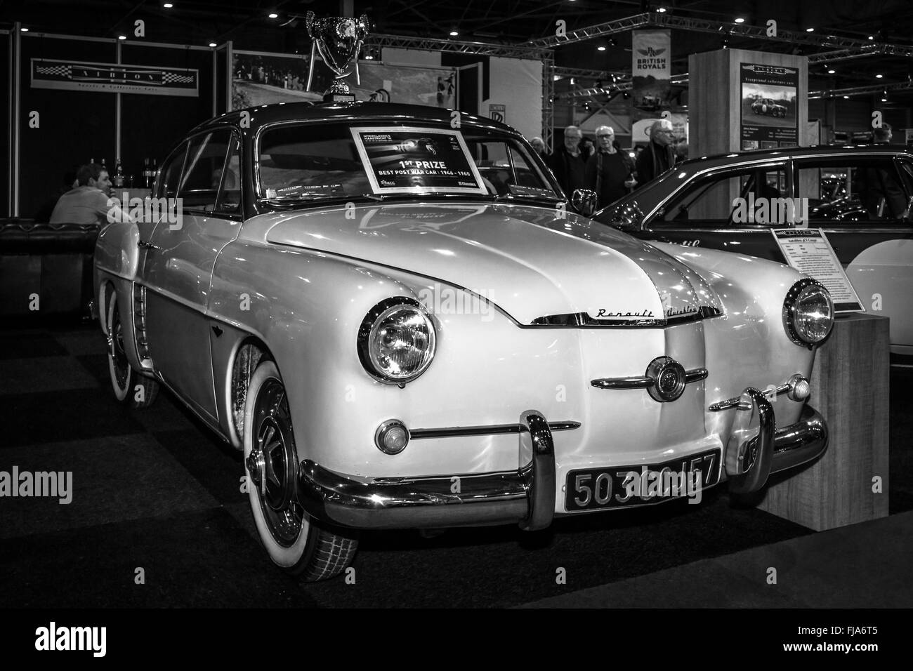 Vintage car Renault 4 cv Autobleu coupe, 1956. Black and white. Stock Photo