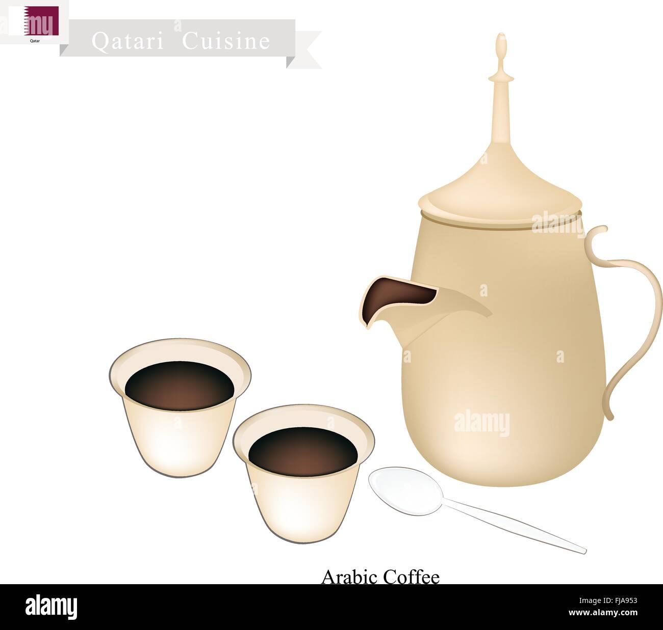 Qatari Cuisine, Arabic Coffee or Coffee Brewed from Dark Roast Coffee Beans Spiced with Cardamom. A Popular Beverage in Qatar Stock Vector