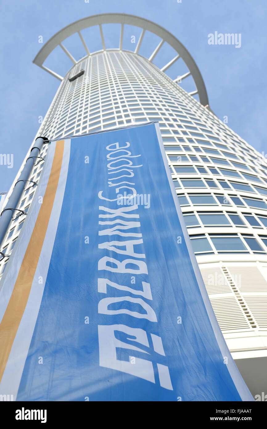A flag of DZ Bank Group pictured in front of the banking high-rise building  'Westend 1' in Frankfurt am Main, Germany, 01 March 2016. DZ Bank has  exceeded expectations for 2015. Photo: